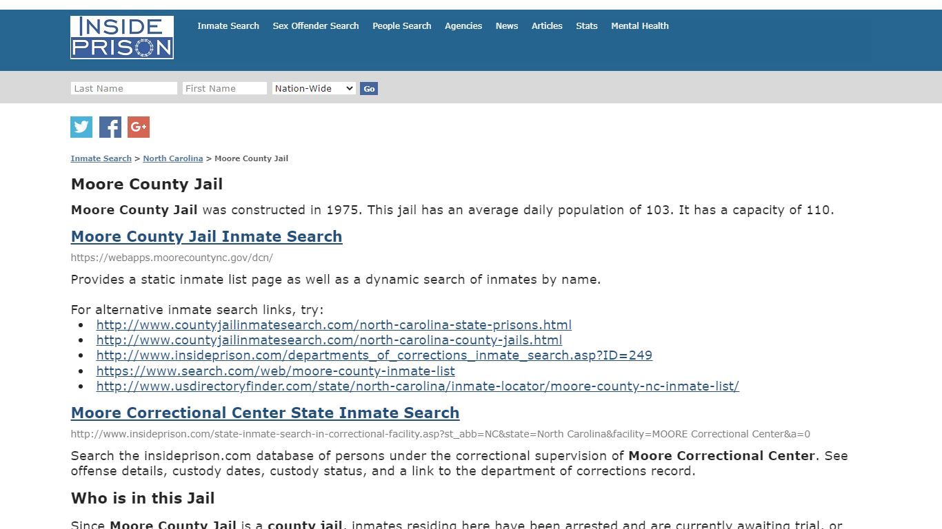 Moore County Jail - North Carolina - Inmate Search - Inside Prison
